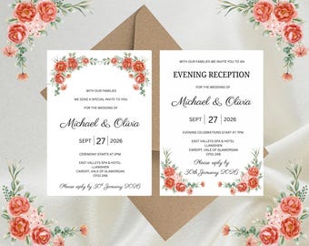 Personalised Red Floral Luxury Wedding Invitations, Evening Reception, RSVP, Details, Gifts & Save the Date