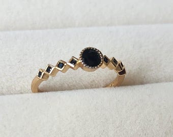 Vintage Silver, Gold-Plated Ring with Black Onyx, Elegant, Dainty, Size 7, Unique Woman Ring