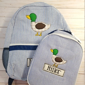 Navy seersucker backpack, personalized seersucker backpack, duck applique backpack and lunch box with name
