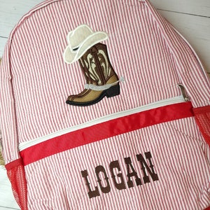 Red seersucker backpack, cowboy applique seersucker backpack, backpack with name, diaper bag, boy birthday gift