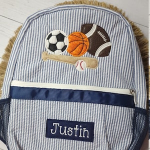 Personalized seersucker backpack, sports applique backpack, boy diaper bag, boy birthday gift, boy baby shower gift