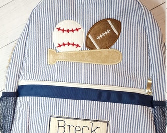 Personalisierter Seersucker Rucksack: Sport Applikation, Jungen Windeltasche