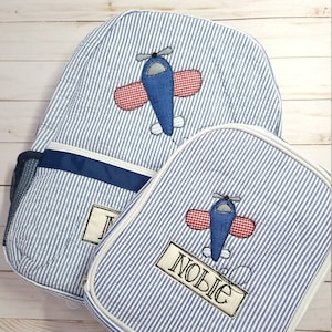 Applique seersucker backpack  / airplane applique seersucker backpack with name/ appliqie seersucker lunch bag