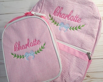 Personalized Pink Seersucker Backpack: Girl's Diaper Bag or School Bag