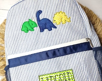 Personalized Seersucker Dinosaur Backpack: Boy's Diaper Bag