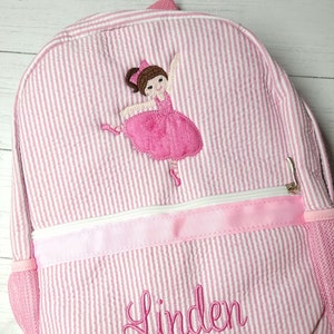 Rosa Seersucker Rucksack, personalisierte Ballerina Rucksack, Applikation Tanztasche, Mädchen Geburtstagsgeschenk, Mädchen Wickeltasche