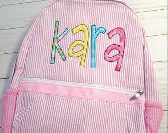 Pink seersucker backpack, personalized applique name seersucker backpack, girl diaper bag