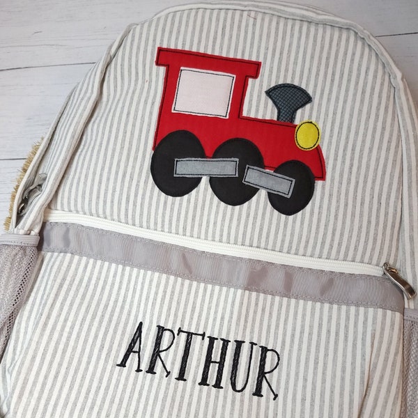 Seersucker backpack, personalized applique train backpack, boy diaper bag, boy birthday gift, boy backpack