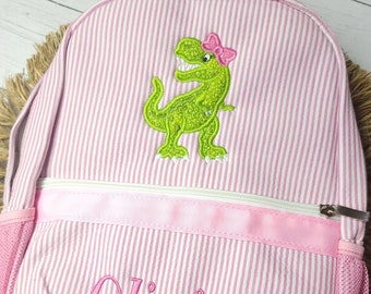 Sac à dos en seersucker rose personnalisé : appliqué dinosaure, sac à langer pour fille