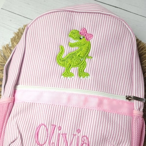 Pink seersucker backpack, dinosaur applique backpack, personalized backpack, diaper bag,  girl birthday gift
