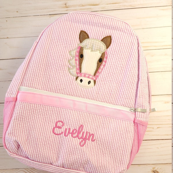 Personalized seersucker backpack, horse applique seersucker backpack, girl birthday gift