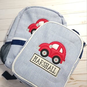 Personalized seersucker backpack, car applique seersucker backpack, boy birthday gift, boy diaper bag