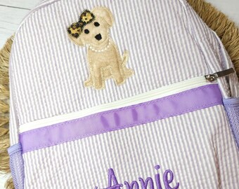 Personalisierter Lila Seersucker Rucksack: Applikation Hund, Mädchen Geburtstagsgeschenk