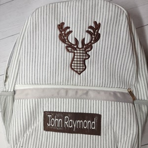 Grey seersucker backpack, personalized applique backpack, deer applique backpack, diaper bag, boy irthday gift