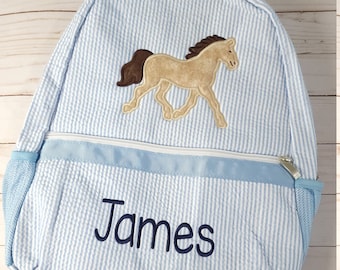 Seersucker backpack, horse applique backpack, personalized backpack, boy diaper bag, boy birthday gift