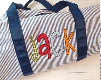 Seersucker duffel bag, personalized applique name seersucker backpack, boy birthday gift, boy overnight bag
