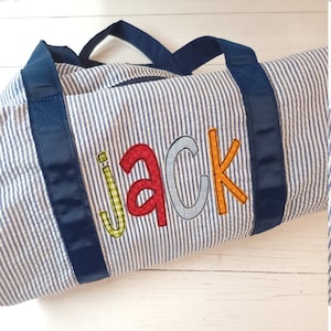 Personalized Seersucker Duffel Bag: Applique Name, Boy&#39;s Overnight Bag