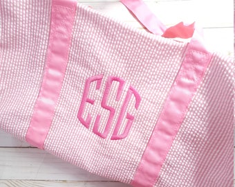 seersucker duffel bag, monogram seersucker duffel bag, child luggage, overnight bag, girl birthday gift