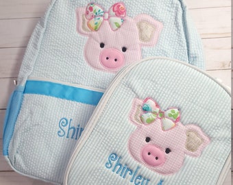 Applique seersucker backpack, personalized applique pig backpack, girl birthday gift, girl daiper bag