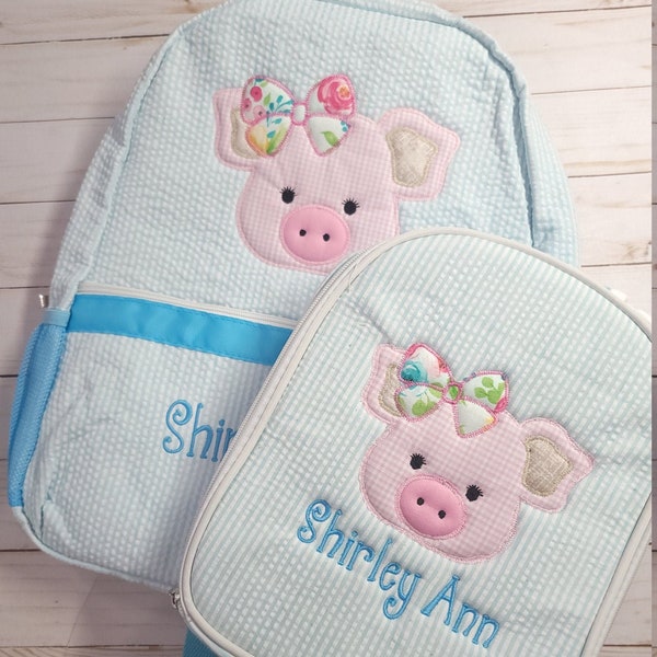 Applique seersucker backpack, personalized applique pig backpack, girl birthday gift, girl daiper bag