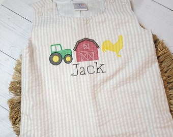 Personalized seersucker Jon Jon, seersucker shortall, farm design Jon Jon,