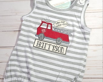 Personalized bubble romper, firetruck applique bubble romper, boy summer romper