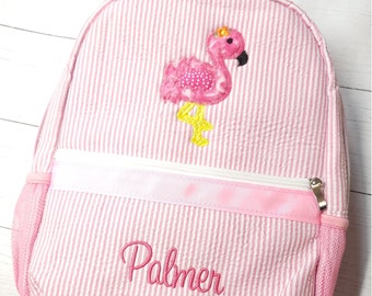 Seersucker backpack, personalized backpack, applique flamingo backpack, girl birthday gift,