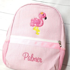 Seersucker backpack, personalized backpack, applique flamingo backpack, girl birthday gift,