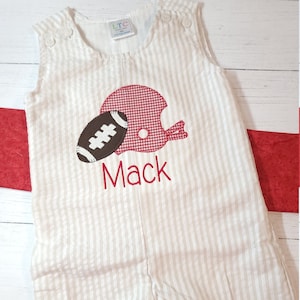 Football and helment personalized applique seersucker romper Jon Jon