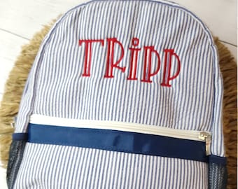 Monogrammed Seersucker Backpack: Personalized Boy Diaper Bag