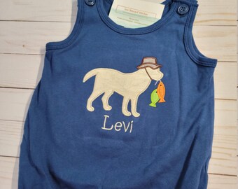 Personalized Boy Bubble Romper: Fishing Dog Applique, Summer Outfit