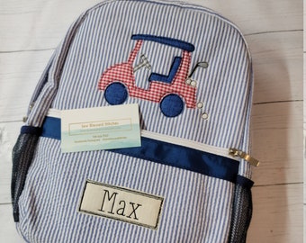 Applique seersucker backpack, personalized seersucker backpack, golf applique backpack, diaper bag