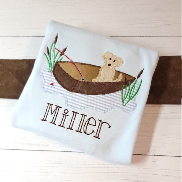 Boy applique shirt / personalized dog in boat applique shirt with name