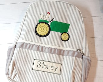 Seersucker backpack, applique tractor backpack, personalized backpack, diaper bag backpack, boy birthday gift