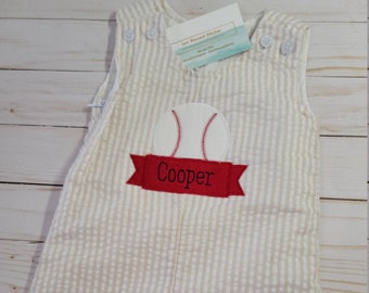 Boy seersucker Jon Jon, baseball applique boy seersucker jon jon romper with name, personalized jon jon romper