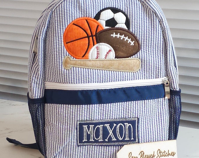 Personalized Seersucker Backpack: Sports Applique, Boy Diaper Bag
