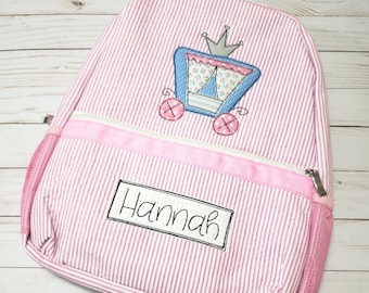 Applique seersucker backpack/personalized applique princess carriage seersucker backpack with name / diaper bag with name