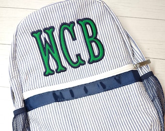 Monogrammed Seersucker Backpack: Personalized Diaper or School Bag