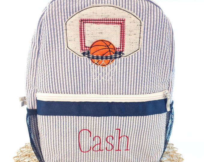 Personalized Seersucker Backpack: Basketball Applique, Monogrammed Boy's Diaper Bag