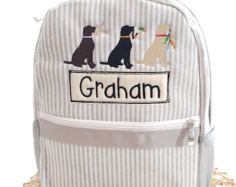 Seersucker backpack, personalized backpack, applique backpack, hunting dogs backpack, boy diaper bag, boy birthday gift