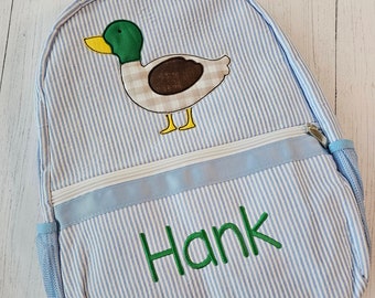 Personalized Seersucker Backpack: Mallard Duck Monogrammed Boy's Diaper Bag