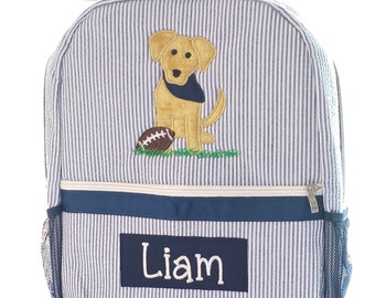 Personalized Seersucker Backpack: Dog Applique, Boy's Diaper Bag
