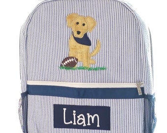 Applique seersucker backpack, personalized dog applique seersucker backpack, boy birthday gift, boy diaper bag, boy baby shower gift