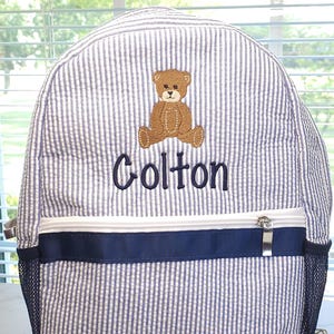 Sac à dos personnalisé, sac à dos en seersucker garçon nounours, sac à dos d'école, sac à langer, cadeau baby shower