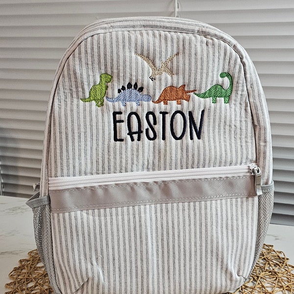 Personalized boy backpack, boy seersucker backpack, dinosaur backpack, boy birthday gift, diaper bag, boy baby shower gift