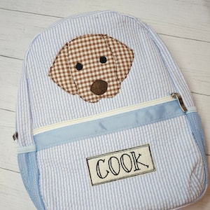 Personalized seersucker backpack, dog applique backpack, monogram boy backpack, diaper bag, baby shower gift, boy birthday gift