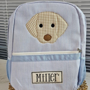 Personalisierter Blauer Seersucker Rucksack: Hunde Applikation Wickeltasche
