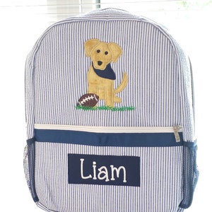 Applique seersucker backpack, personalized dog applique seersucker backpack, boy birthday gift, boy diaper bag, boy baby shower gift