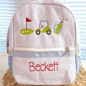 Personalized Blue Seersucker Backpack: Golf Design, Diaper Bag