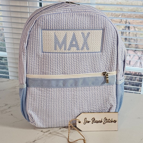 Personalized seersucker backpack, diaper bag, boy birthday gift, faux smock backpack